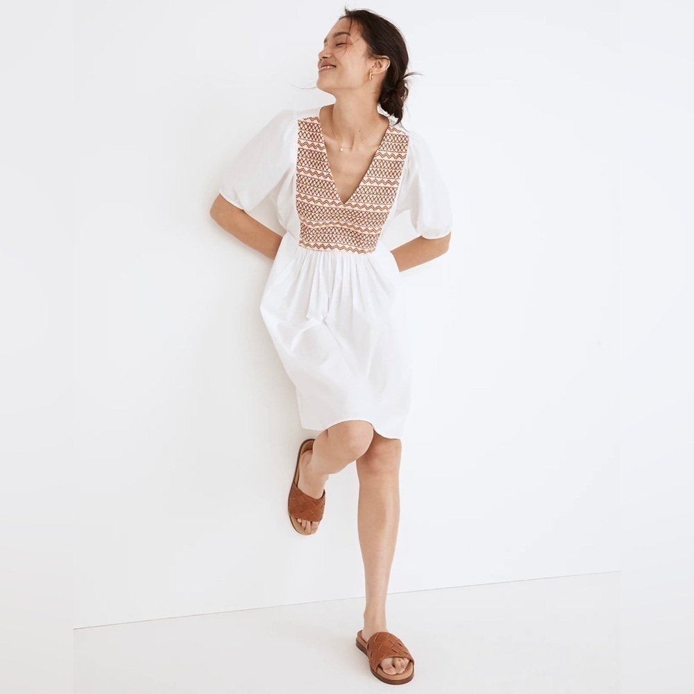 Madewell Martina Embroidered Poplin V-Neck Mini Dress NF854 XS white